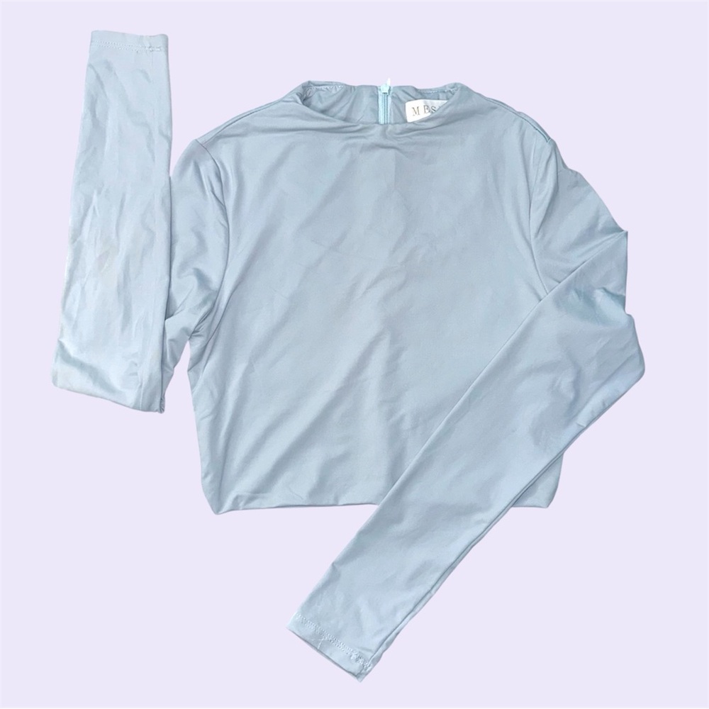 Meshki blue mock neck crop long sleeve top